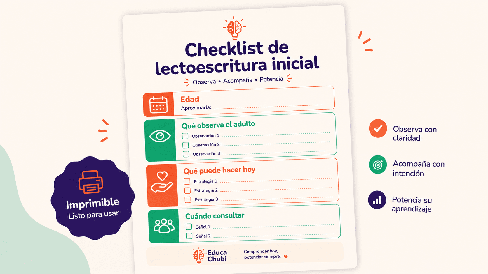 Vista previa del checklist de lectoescritura inicial de Educa Chubi.