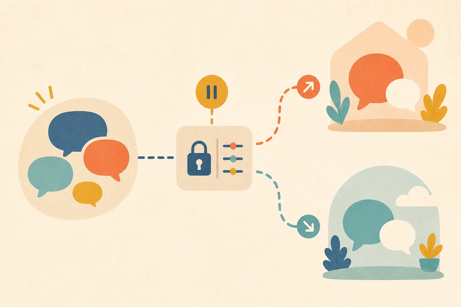 Esquema visual para pausar, revisar ajustes de privacidad y elegir un canal de conversación familiar.