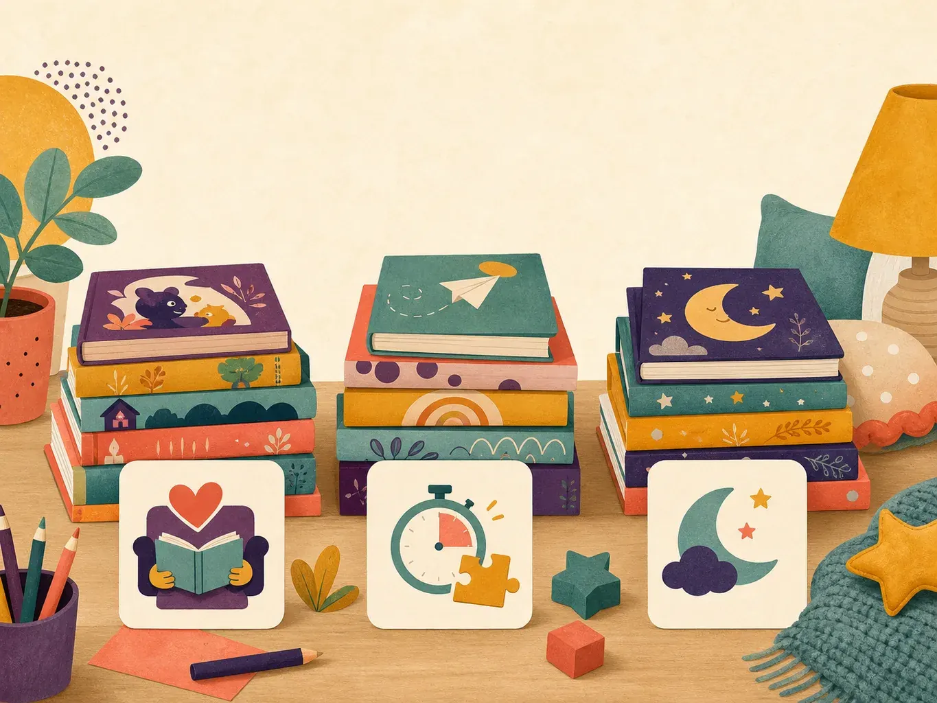 Tres pilas de libros con tarjetas visuales que representan lectura compartida, estrategias breves y una rutina tranquila.